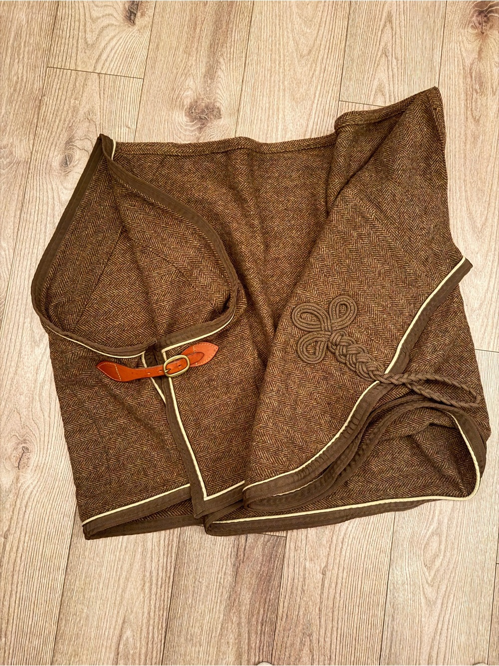 Brown Wool Herringbone wool blanket rug with Leather Buckle